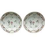 Pair of 18th century famille rose Chinese glazed porcelain plates with floral and foliate decoration