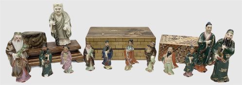 Japanese parquetry puzzle box L12cm; another Japanese puzzle box with marquetry top of Mount Fuji; e