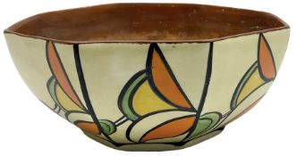 Newport Pottery Clarice Cliff Bizarre octagonal bowl brightly painted with stylised panels in orange
