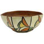 Newport Pottery Clarice Cliff Bizarre octagonal bowl brightly painted with stylised panels in orange