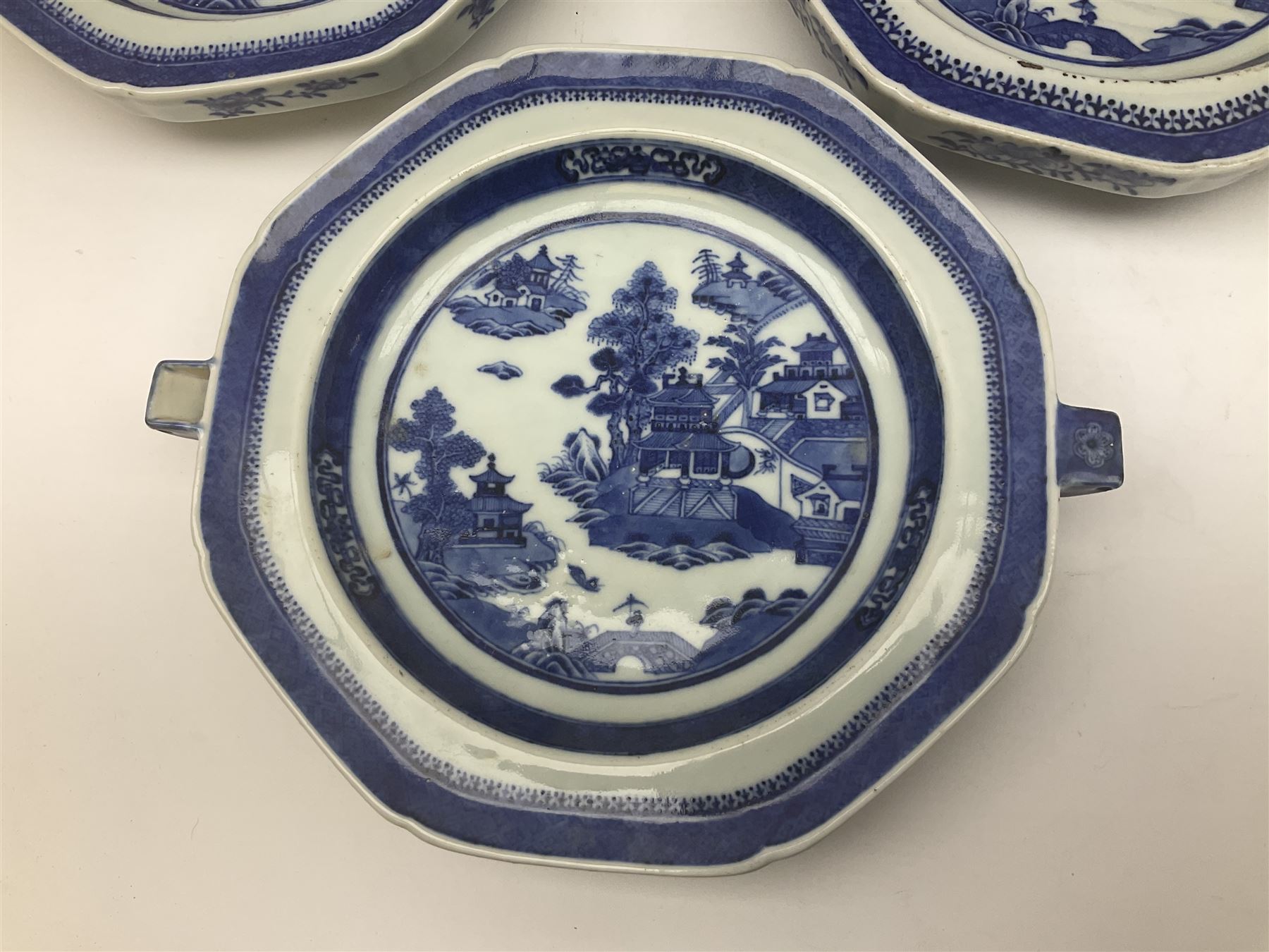 Three late 18th/early 19th century Chinese export hot water plates - Image 4 of 13