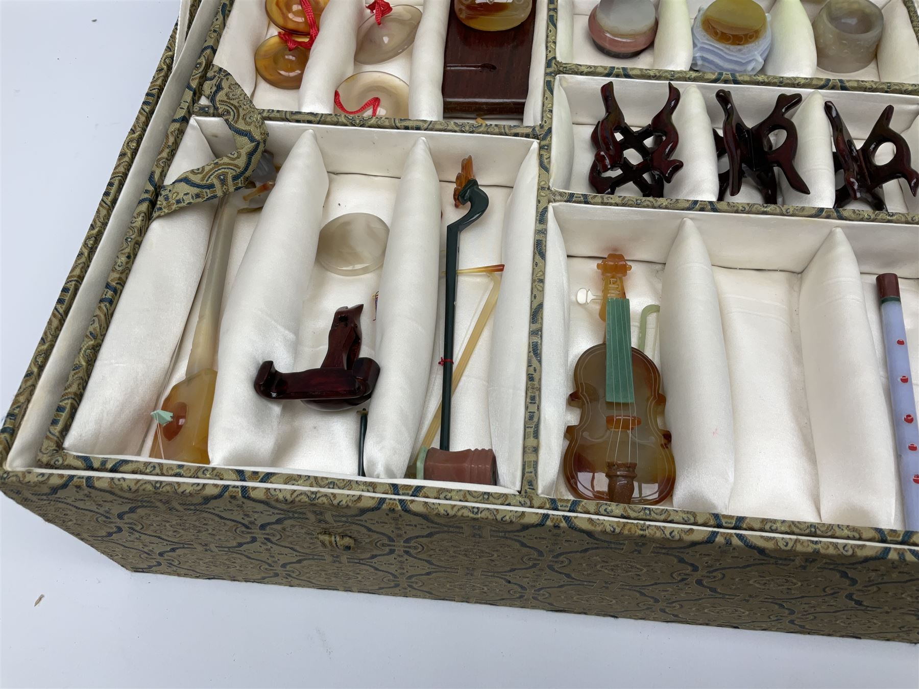 Chinese boxed collection of miniature polished hardstone musical instruments with hardwood stands - Image 2 of 10