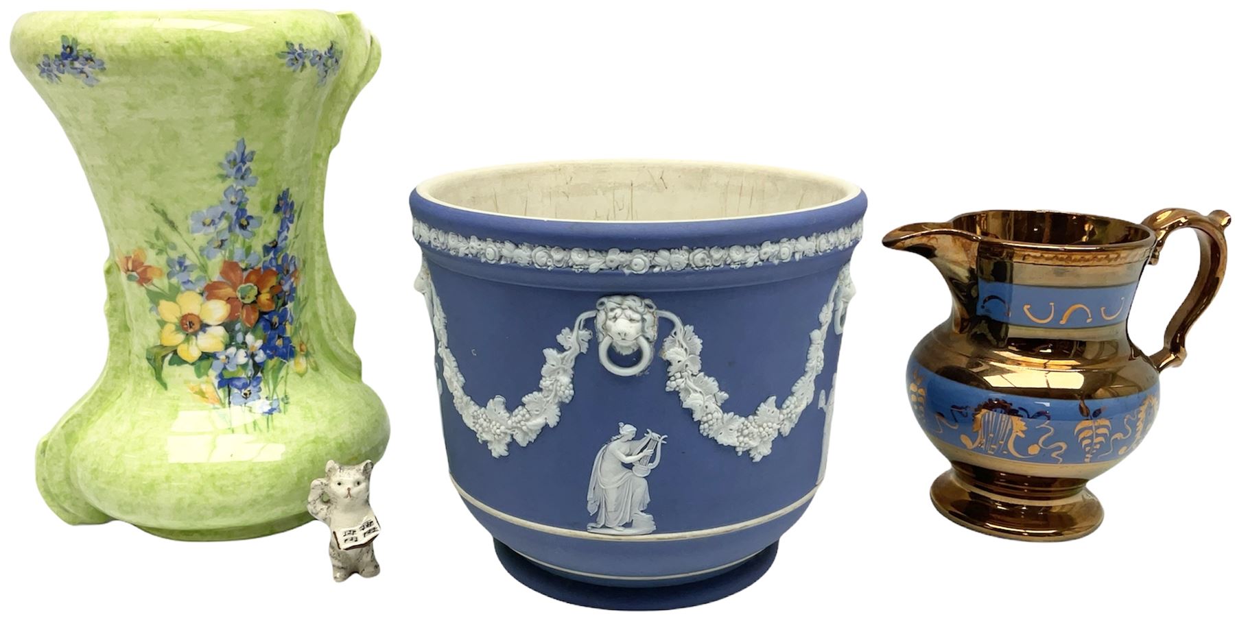 Victorian Wedgwood blue jasperware jardiniere H16.5cm; Victorian copper lustre jug; James Kent art d