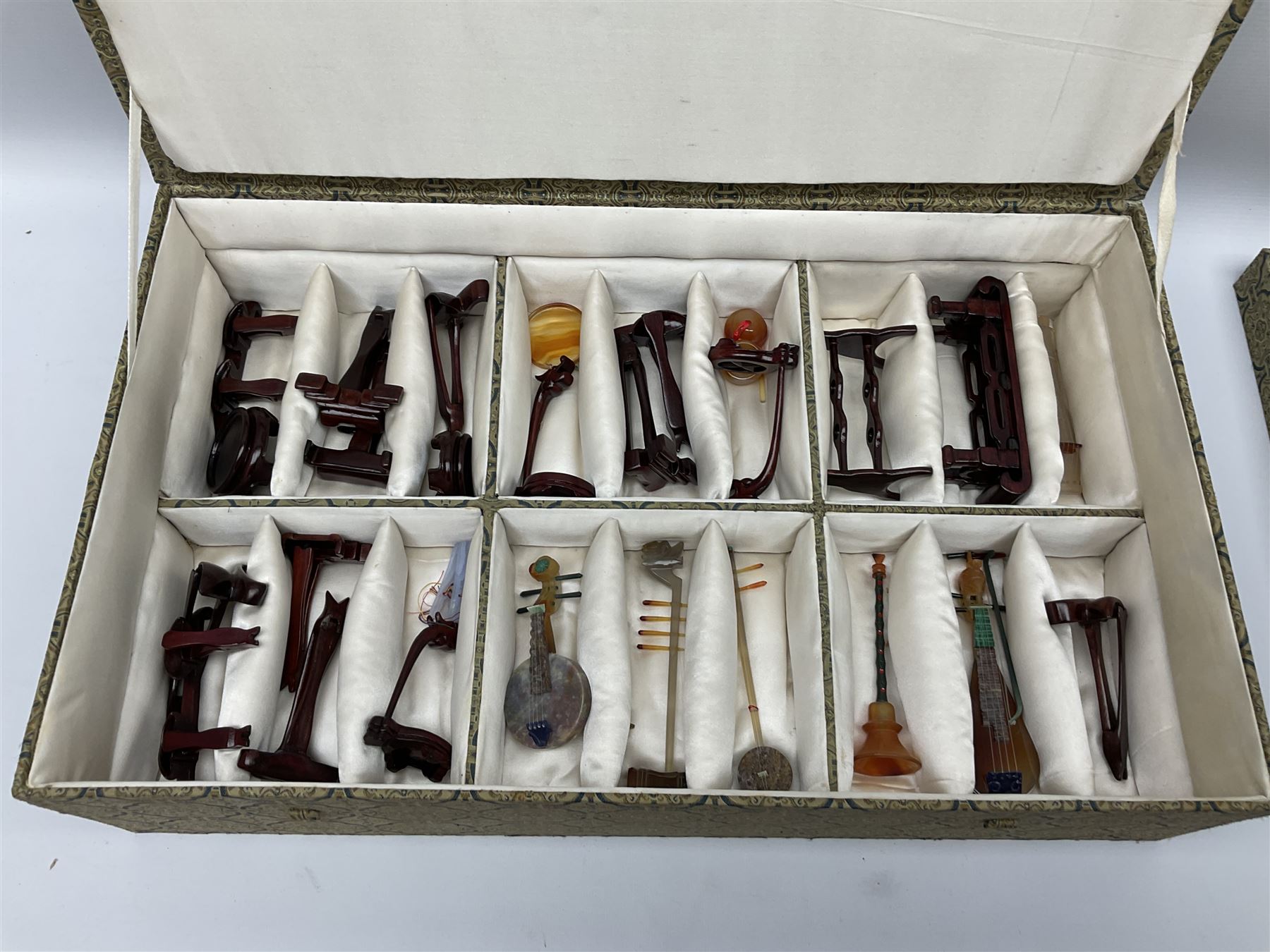 Chinese boxed collection of miniature polished hardstone musical instruments with hardwood stands - Image 7 of 10