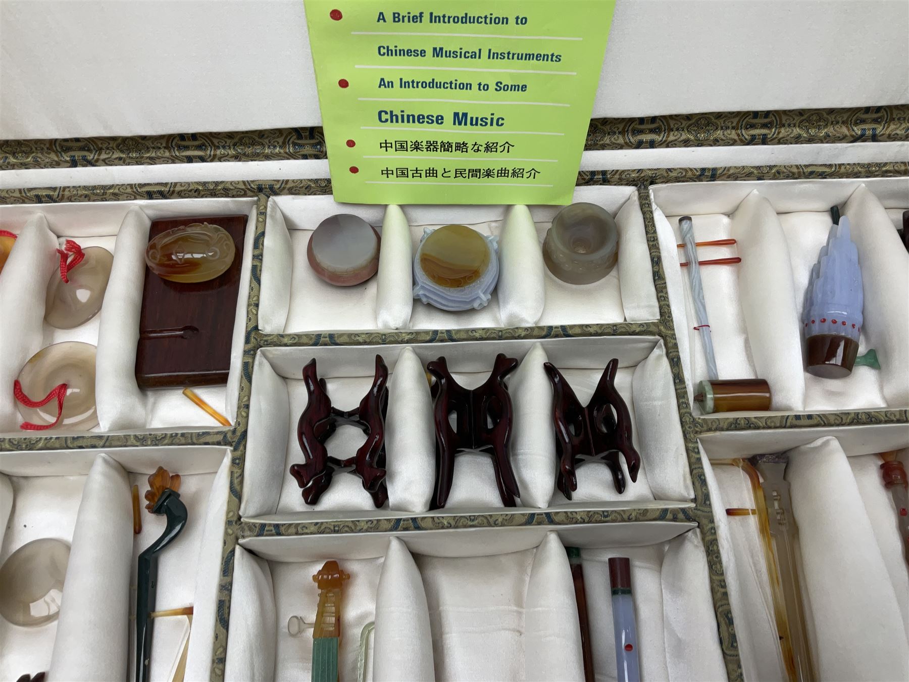 Chinese boxed collection of miniature polished hardstone musical instruments with hardwood stands - Image 3 of 10