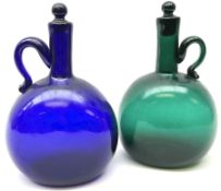 Two 19th century green and blue glass decanters