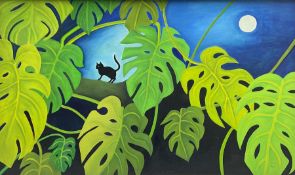 Pat (British 20th century): Black Cat in Full Moon with Swiss Cheese Plant