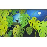 Pat (British 20th century): Black Cat in Full Moon with Swiss Cheese Plant