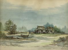Chinese School (20th century): Figures near Cottages in Wetlands