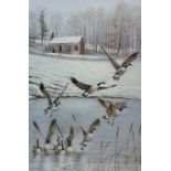 Robert E Fuller (British 1972-): Winter Geese in Flight