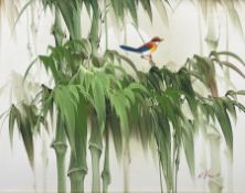 R Hall (British 20th century): Exotic Bird Perched on Bamboo Trees