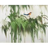 R Hall (British 20th century): Exotic Bird Perched on Bamboo Trees