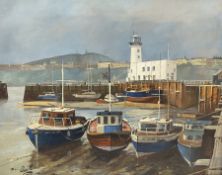 Don Micklethwaite (British 1936-): Scarborough Harbour with lighthouse