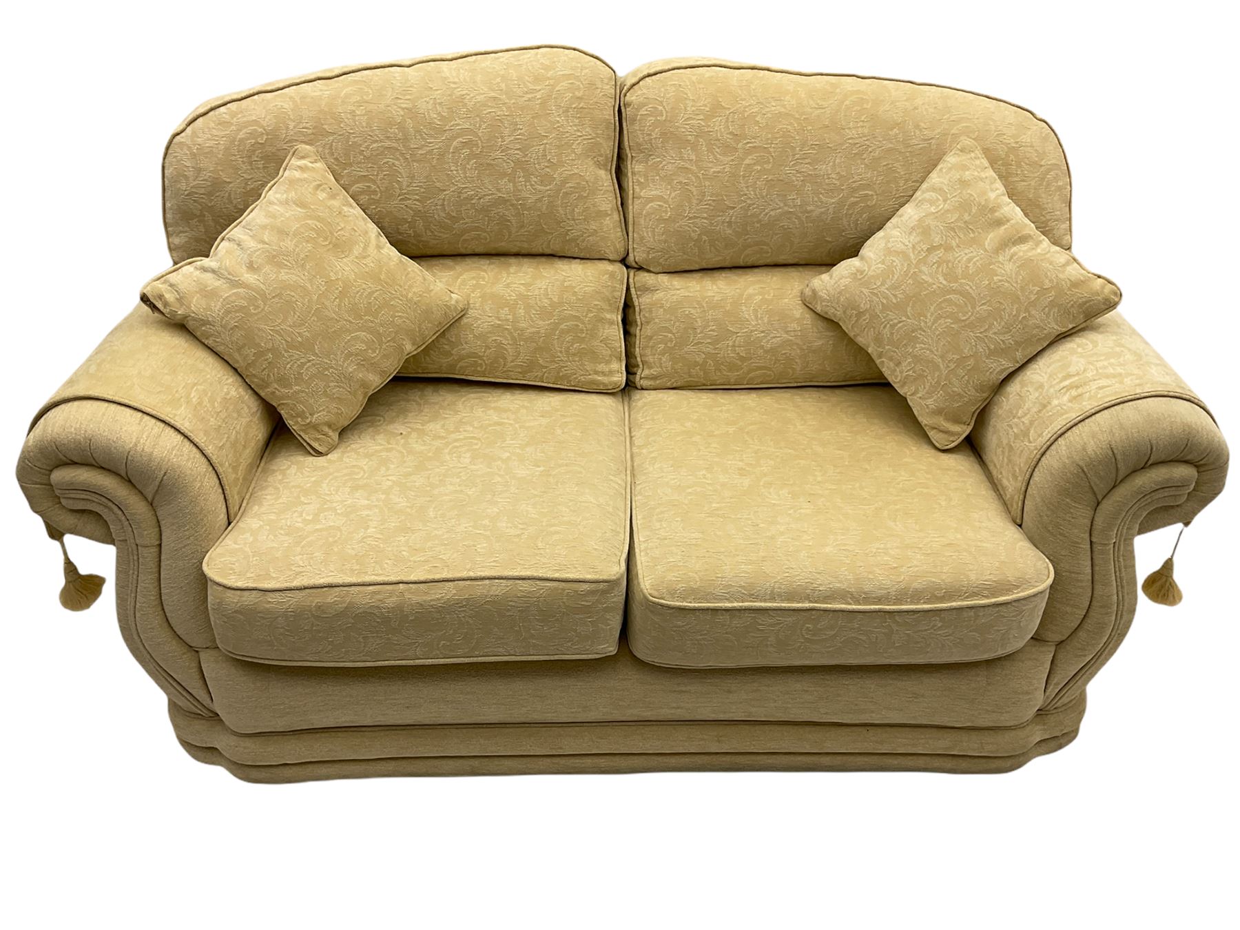 Three piece lounge suite upholstered in beige plain and embossed fabric - Image 3 of 10