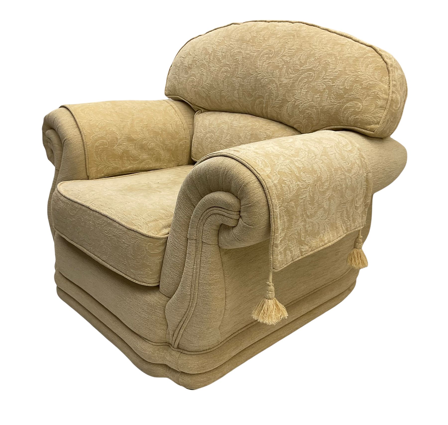 Three piece lounge suite upholstered in beige plain and embossed fabric - Image 10 of 10