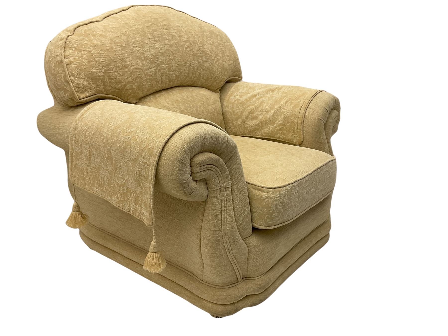 Three piece lounge suite upholstered in beige plain and embossed fabric - Image 8 of 10