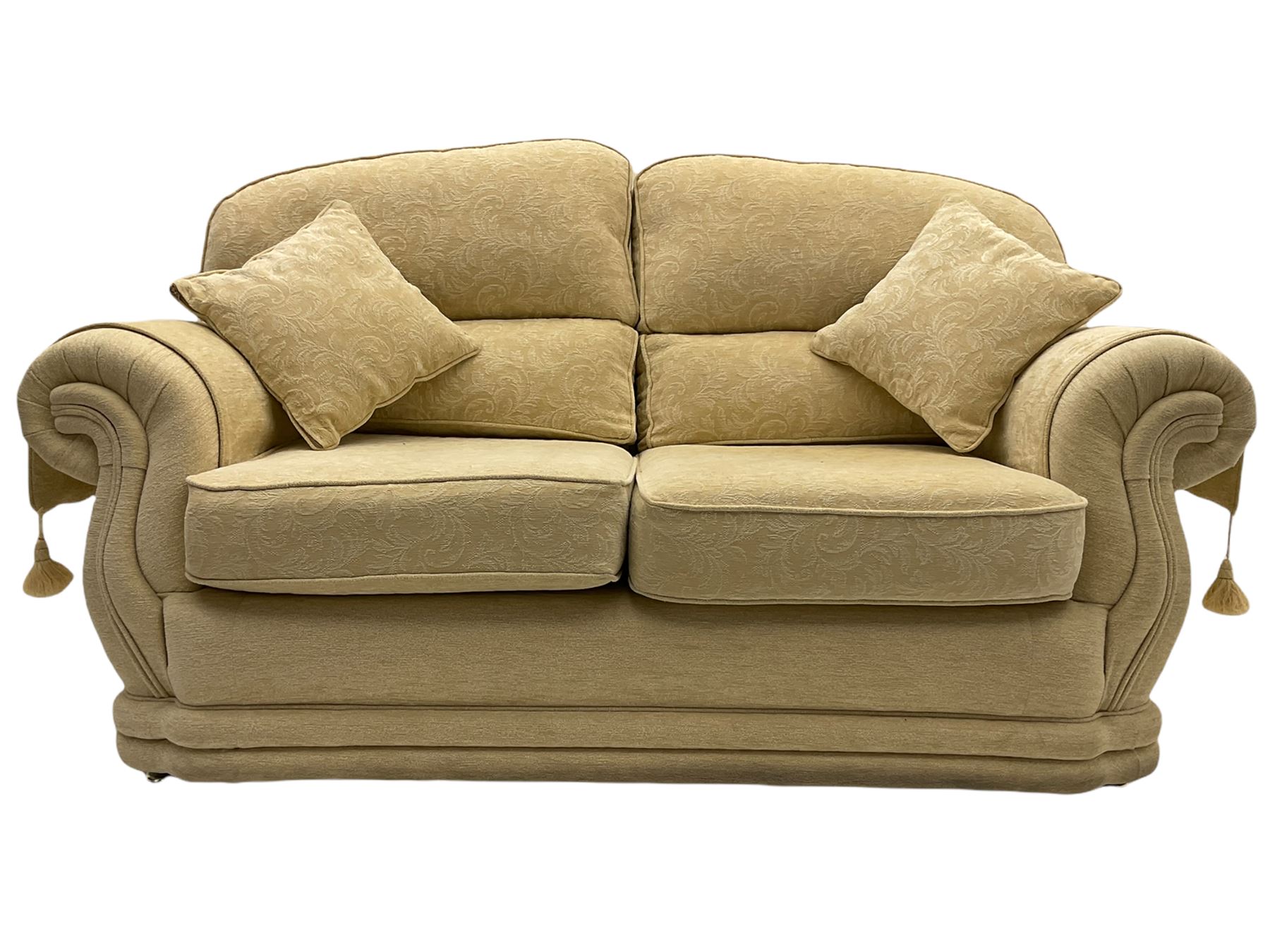 Three piece lounge suite upholstered in beige plain and embossed fabric - Image 2 of 10