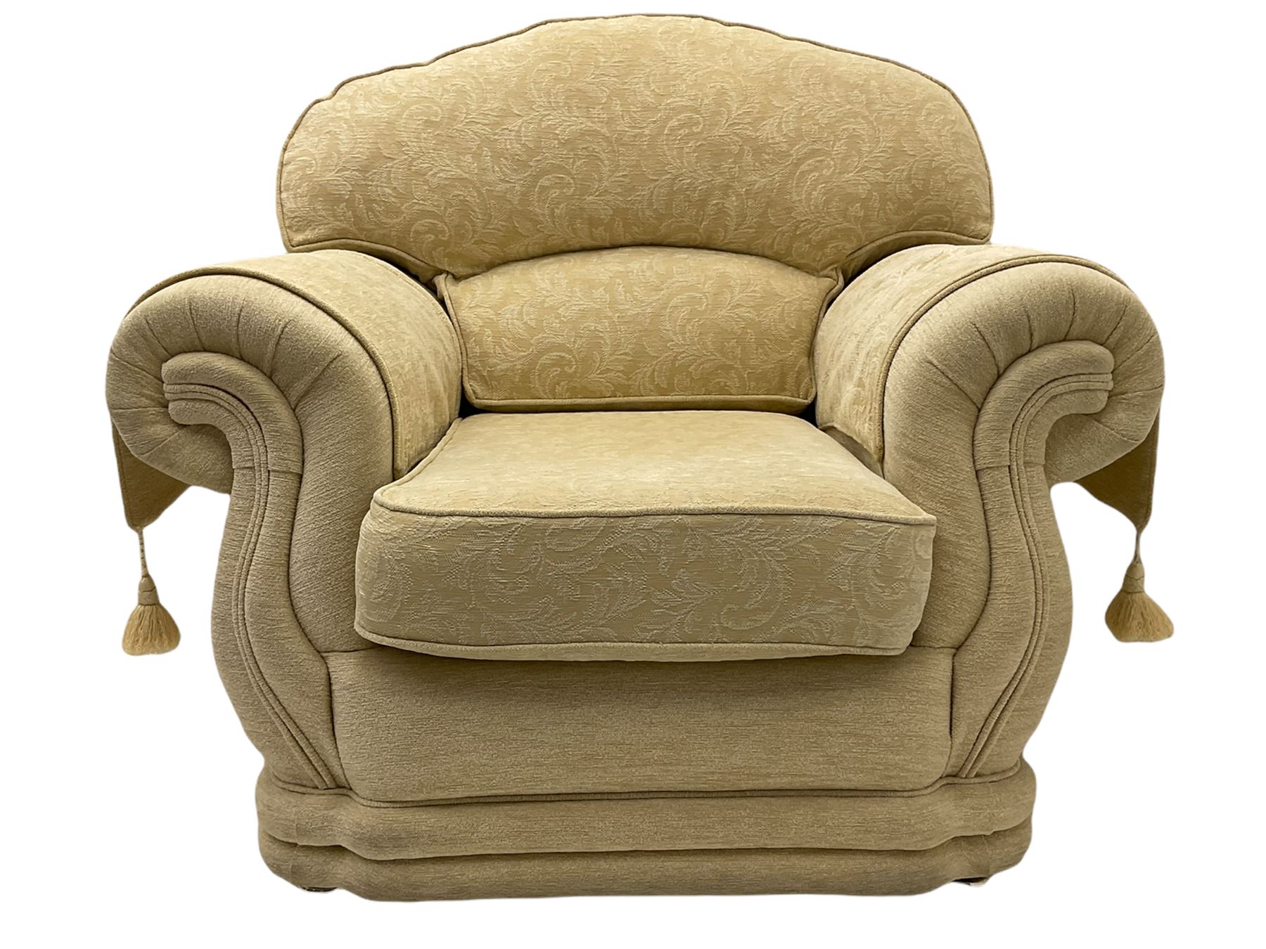 Three piece lounge suite upholstered in beige plain and embossed fabric - Image 5 of 10