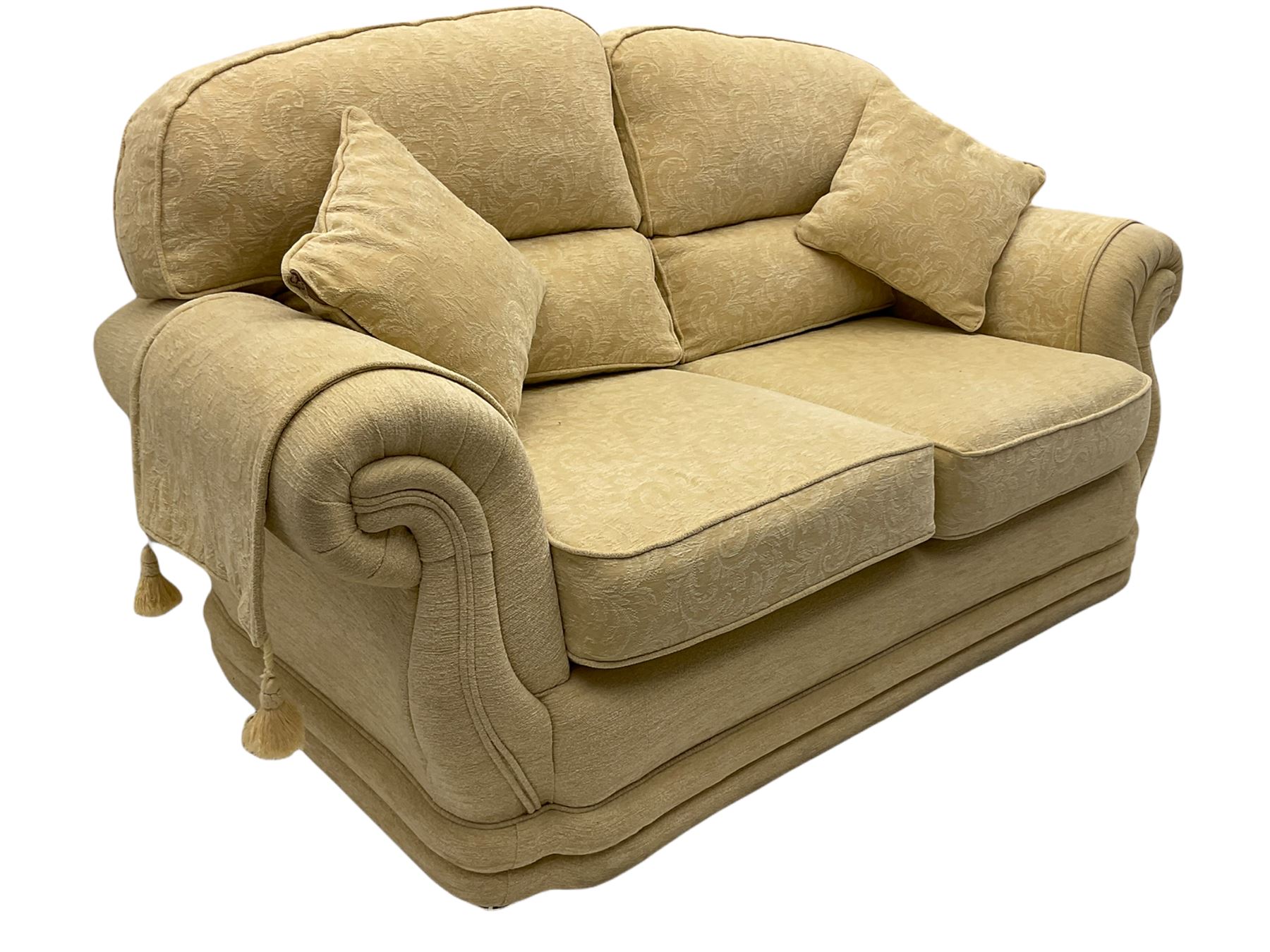 Three piece lounge suite upholstered in beige plain and embossed fabric - Image 4 of 10