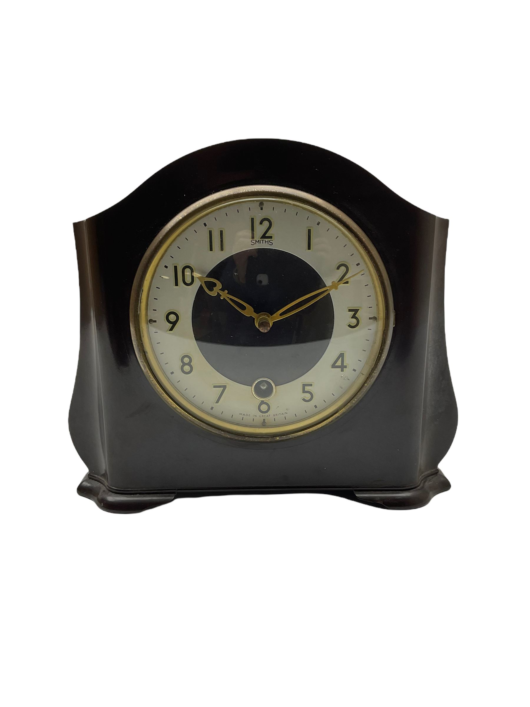 A Retro Art-Deco 1950's Bakelite cased mantel clock with a Smiths timepiece movement housed in a dom