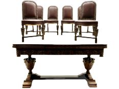 Early 20th century West Yorkshire carved oak dining set - the table with rectangular drawer leaf ext