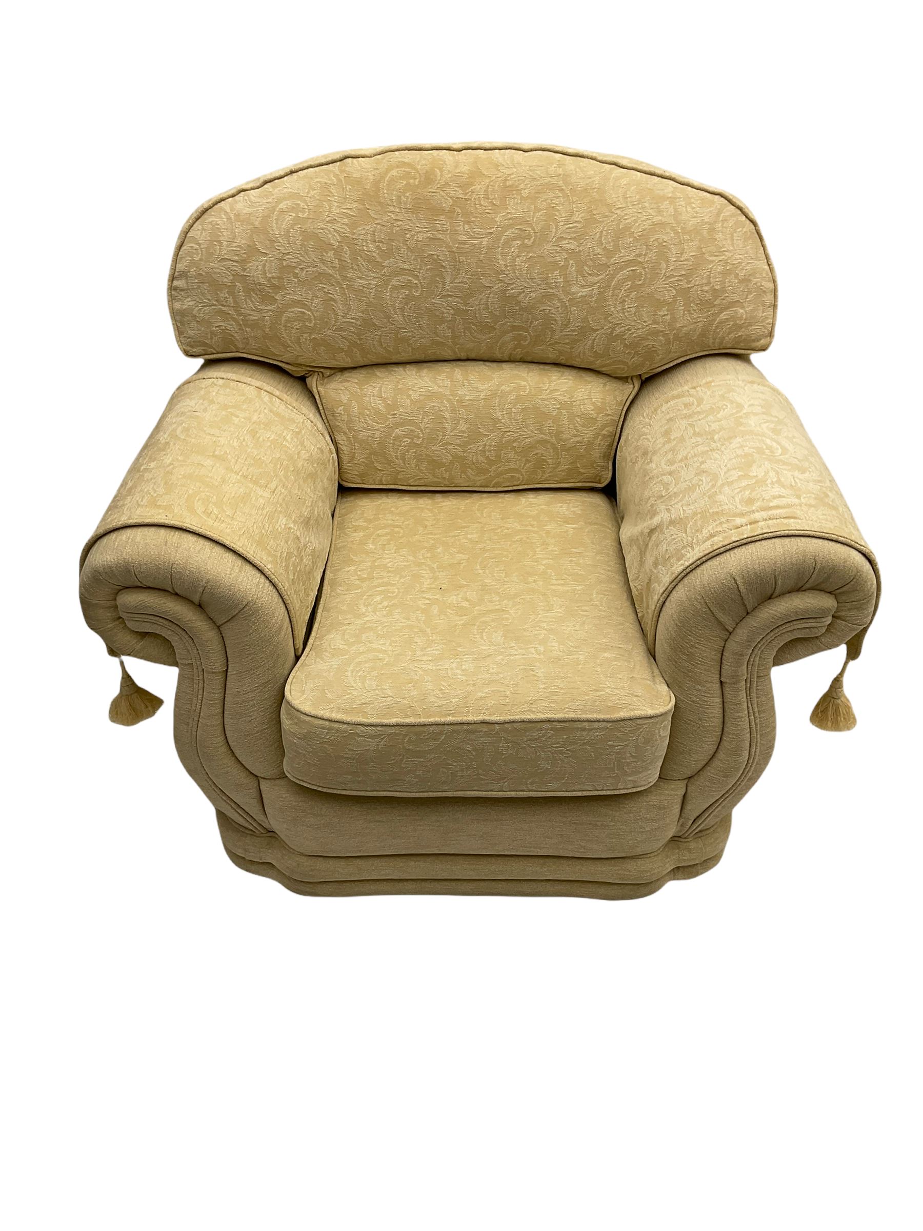 Three piece lounge suite upholstered in beige plain and embossed fabric - Image 9 of 10