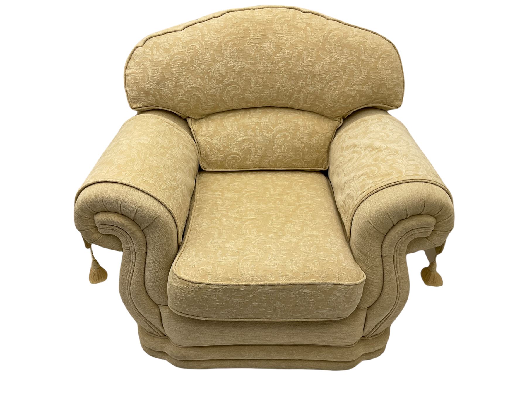 Three piece lounge suite upholstered in beige plain and embossed fabric - Image 6 of 10