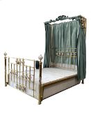 Victorian style brass 4’ 6” double half tester bed with porcelain finials