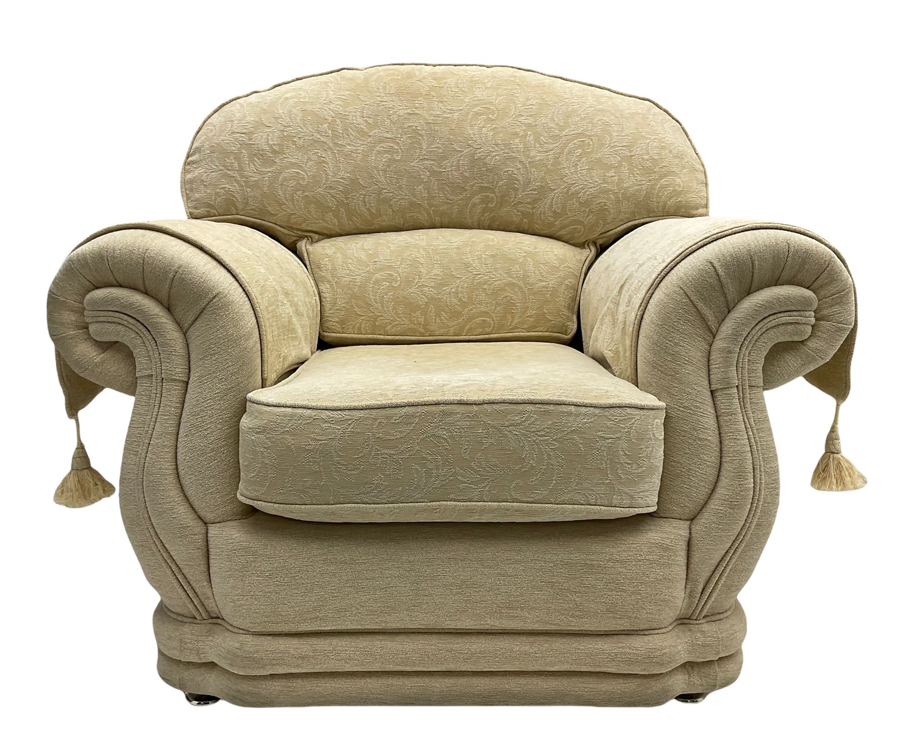 Three piece lounge suite upholstered in beige plain and embossed fabric - Image 7 of 10