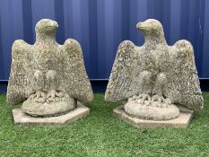 Pair composite stone perched eagle figures/gate post toppers with spread wings