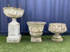 Composite stone scalloped urn on tall square plinth (H85cm)