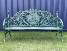 Large green painted cast iron garden bench