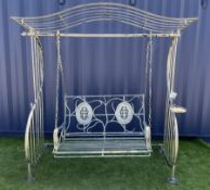 Large distressed silver finish metal garden swing bench