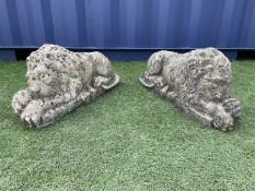 Pair composite stone recumbent lions