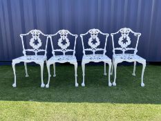 Set four Victorian style white painted cast metal garden chairs
