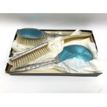 Enamel three piece dressing table set with blue guilloche enamel decoration