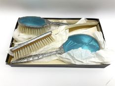 Enamel three piece dressing table set with blue guilloche enamel decoration