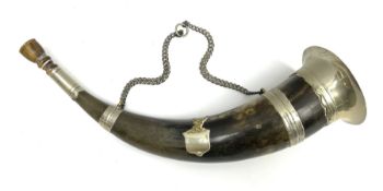 Horn hunting bugle with hallmarked silver chain and white metal central plaque and mounts