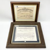 Two framed and glazed railway stock certificates