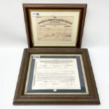 Two framed and glazed railway stock certificates