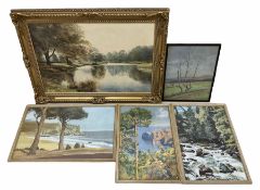 Large gilt framed landscape oil and four pastels (5)