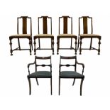 Set four early 20th century mahogany dining chairs and a pair of Regency style elbow chairs