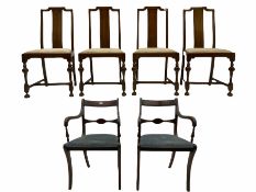 Set four early 20th century mahogany dining chairs and a pair of Regency style elbow chairs