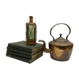 Copper and glass lantern together with a copper kettle and four volumes of the horse its' treatment