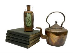 Copper and glass lantern together with a copper kettle and four volumes of the horse its' treatment