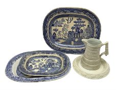 Three Victorian blue and white meat platters