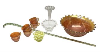 Amber carnival glass punch bowl and five cups with lustre finish