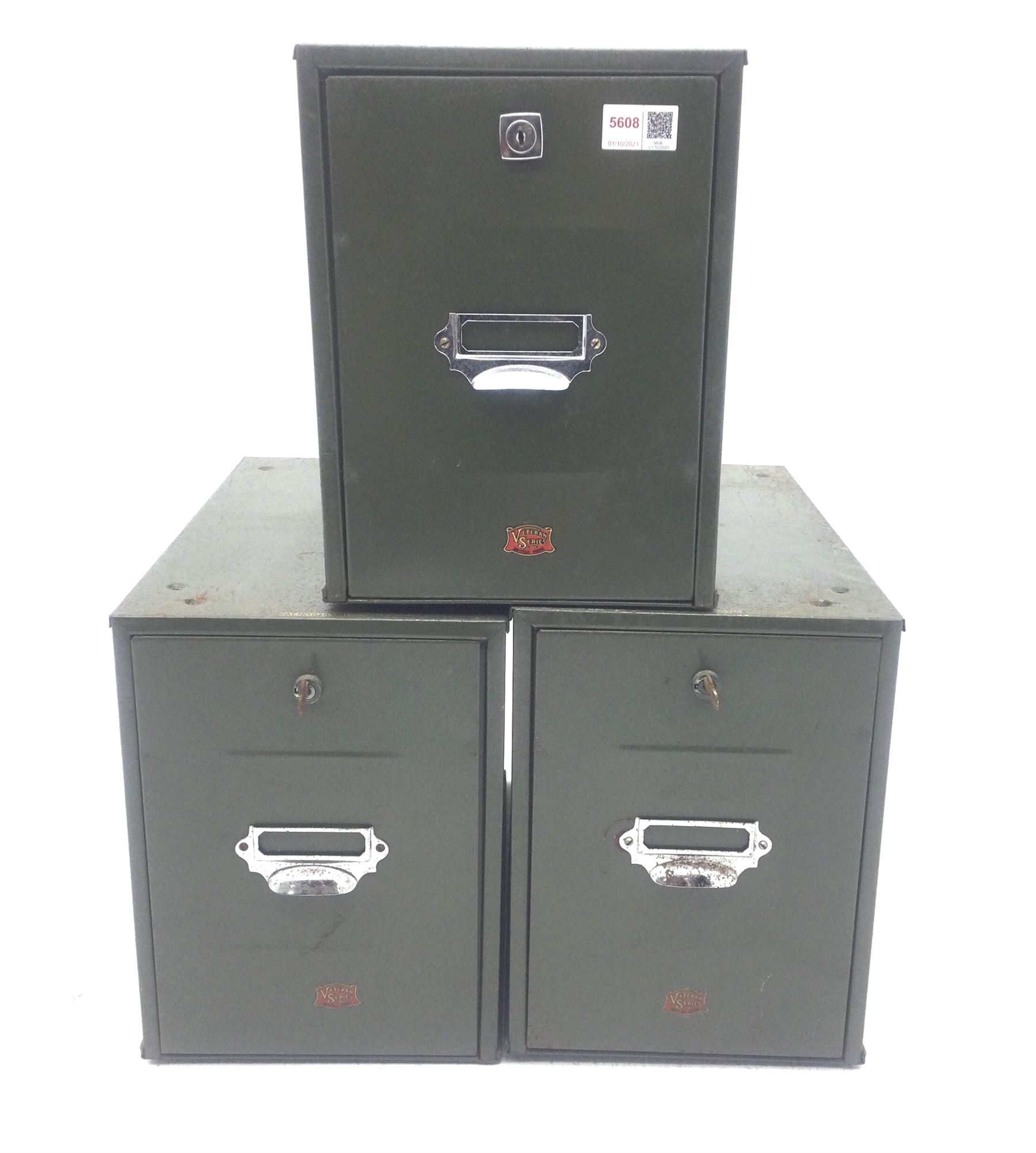Three green metal filing cabinets by �Veteran Series�