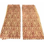 Pair of Victorian flocked fabric curtains decorated with birds and stylised floral motifs in sienna