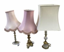 Three table lamps of onyx and gilt design with shades